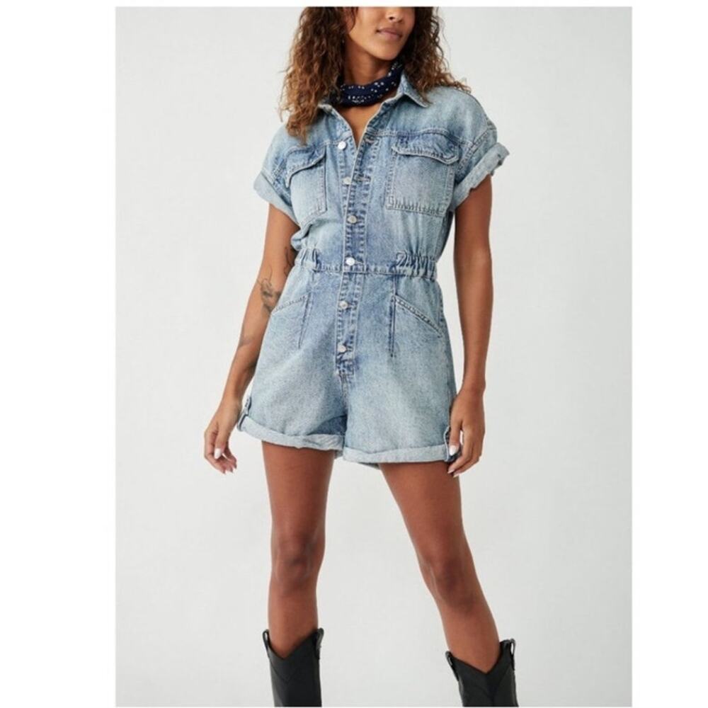 NWT Free People We The Free Marci Denim Cuffed Romper S